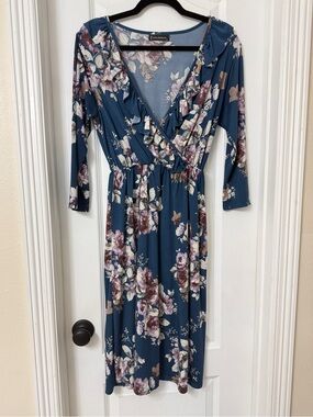 Anna Morgan teal floral dress faux wrap V-neckline ruffled trim 3/4 sleeve M